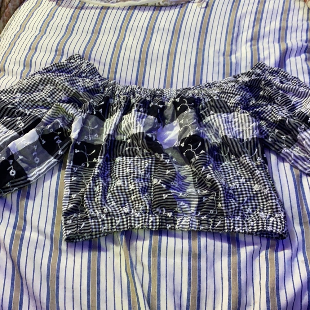 off the shoulder floral and plaid top